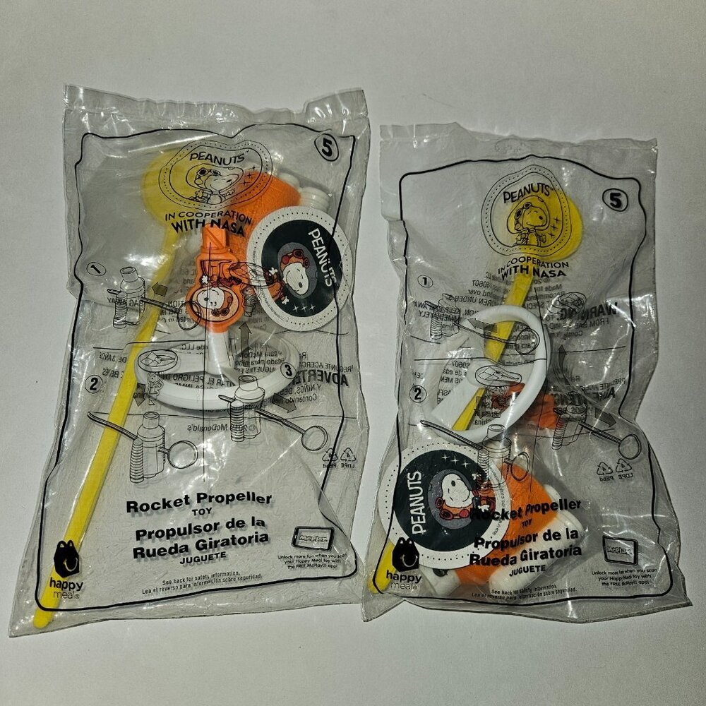 2 Peanuts Snoopy NASA Rocket Propeller Toy Lot DUPLICATES McDonalds Happy SEALED